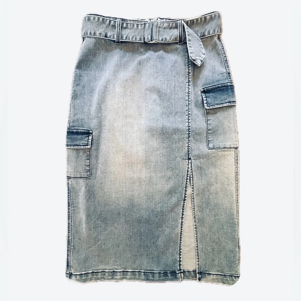 NWT Juicy Couture Belted Denim Front Slit Cargo Midi Skirt, 10/30